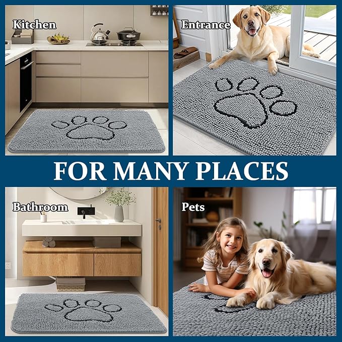 OLANLY Door Mat for Muddy Dog Paws 70x24, Ultra Absorbent Chenille Mud Doormat with Paw Print Design, Non-Slip Washable Doormat for Indoor Entryway, Quick-Dry Pet Bed Mats for Dirty Dogs, Grey