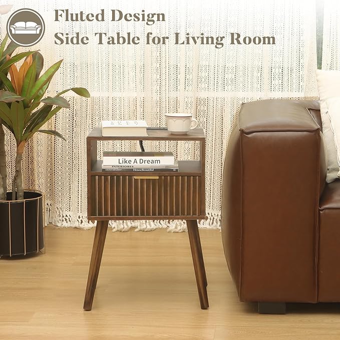 Mid Cetury Modern Nightstand with Charging Station, Fluted Bedside Table with Storage, Modern Side End Table with Solid Wood Legs for Bedroom, Dorm and Small Space (Rustic Brown)