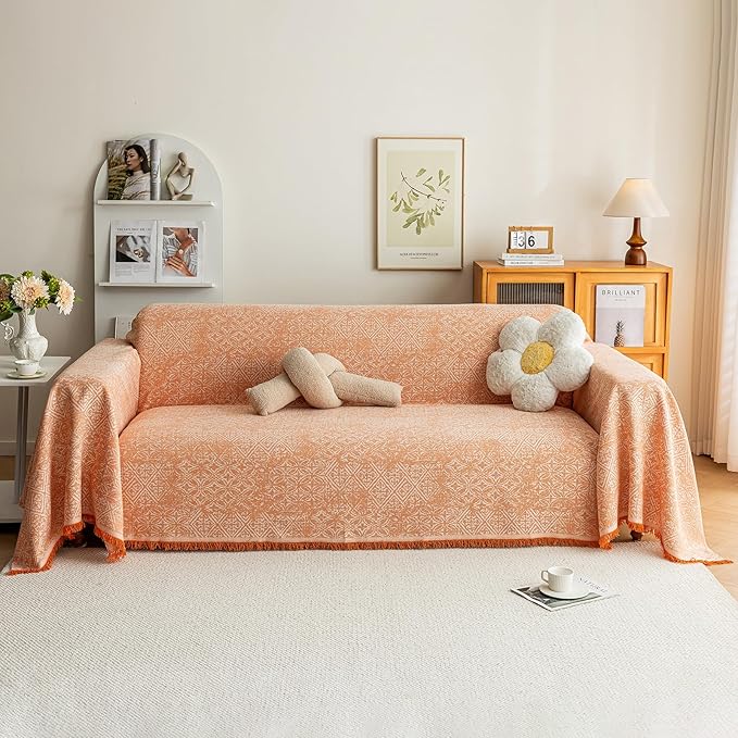 STACYPIK Boho Sofa Cover for Pets, Orange Geometric Couch Cover for 3 Cushion Sofa, Washable Dogs Protector for Living Room, Anti-Slip Sectional Covers for Loveseat with Tassel Throw Blanket-71X150IN