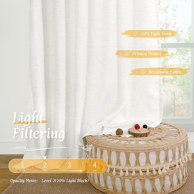 LAMIT Ivory White Linen Curtains 48 Inch Length, Faux Linen Textured Light - Image 4