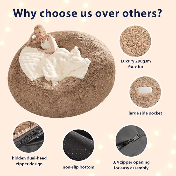 Stuffed Animal Storage Bean Bag Chair Cover (No Filler) Washable Ultra Soft Bean Bag Cover for Organizing Plush Toys or Textile, Sack BeanBag Covers for Adults, Teens, 6FT, Khaki