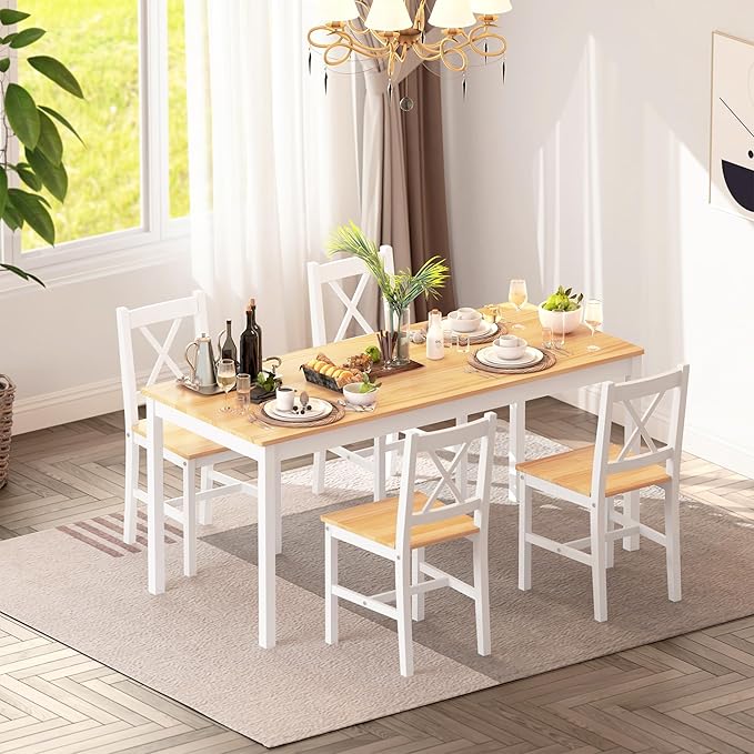 soges 5 Pieces Dining Table Set, Pine Wood Kitchen Table with 4 Chairs, 47.2 inch Kitchen Table Set for 4, Rectangular Dining Table Furniture Set for Kitchen, Dining Room, Dinette, White & Oak
