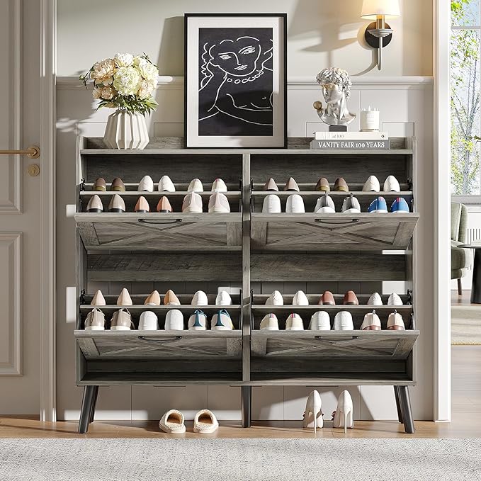 Maupvit Large Shoe Storage Cabinet with 4 Flip Drawers, Narrow Shoe Cabinet for Entryway with Wooden Legs, Freestanding Hidden Shoe Rack Organizer ＆ Metal Hinges, Washed Gray