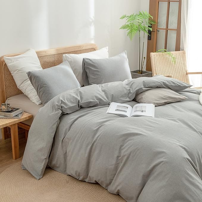 BESTOUCH Duvet Cover Set 100% Washed Cotton Linen Feel Super Soft Comfortable Chic Lightweight 3 PCs Home Bedding Set Solid Light Grey Super Queen