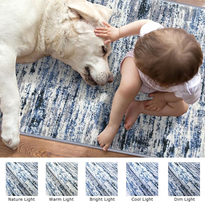 Lansny Modern Abstract Bedroom Runner Rug 2x7, Non-Slip Soft Thin Faux Wool Mat - Image 3