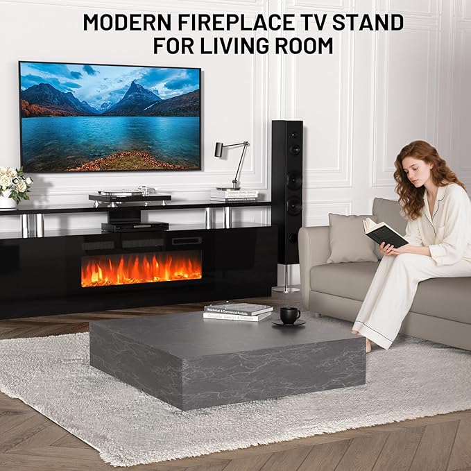 70'' Fireplace TV Stand, Entertainment Center with 36'' Firplace, 2 Tier TV Console Cabinet with Storage Cabinet, Electric Fireplace Heater with LED Light and 12 Flame Colors, Black