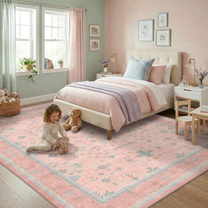 Washable Pink and Blue 8x10 Oushak Rugs by HazoHaus