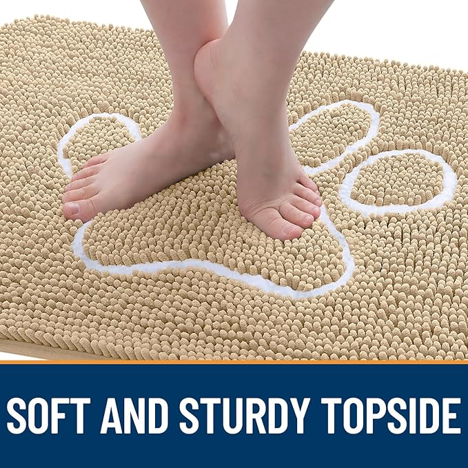 OLANLY Door Mat for Muddy Dog Paws 30x20, Ultra Absorbent Chenille Mud Doormat with Paw Print Design, Non-Slip Washable Doormat for Indoor Entryway, Quick-Dry Pet Bed Mats for Dirty Dogs, Beige