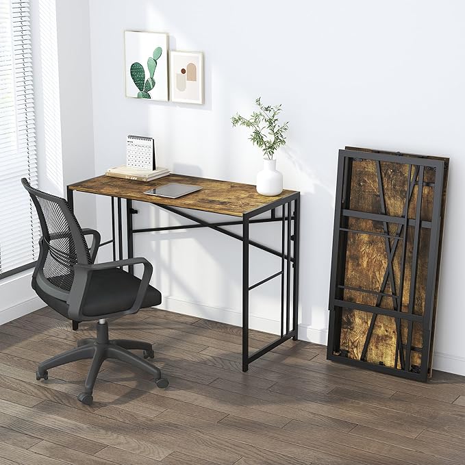 35 inch Small Folding Computer Desk, Writing Gaming Computer Desk for Small Spaces, No Assembly Required Home Office Tale, Rustic Brown