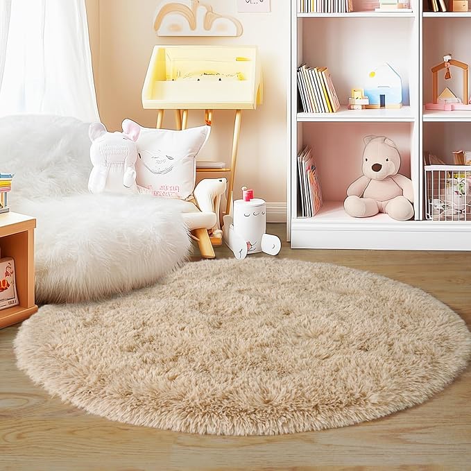 4'x4' Beige Round Rug for Bedroom, Ultra Soft Fluffy Circle Rug for Kids Girls - Image 3