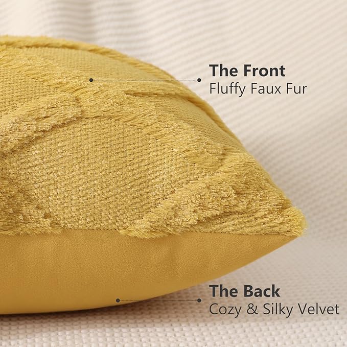 decorUhome Fall Throw Pillow Covers 12x20 Inch Set of 2, Soft Plush Faux Fur Wool Lumbar Mustard Yellow Couch Pillow Covers, Decorative Neutral Pillow Cases for Bed Sofa Living Room Home Decor