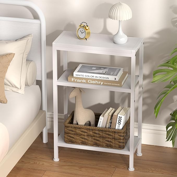 Narrow Side Table for Small Space Set of 2, 3-Tier Small End Table with Shelf Holder, Slim Nightstand, Skinny Snack Couch Table in Living Room, Bedroom, Study, Kitchen and Balcony（White