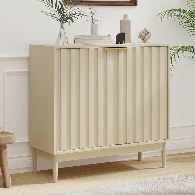 Fluted Cabinet with Storage, Buffet Cabinet Sideborad with Door, Kitchen Buffet Storage Accent Cabinets with Adjustable Shelves for Living Room, Entry, Hallway, Beige