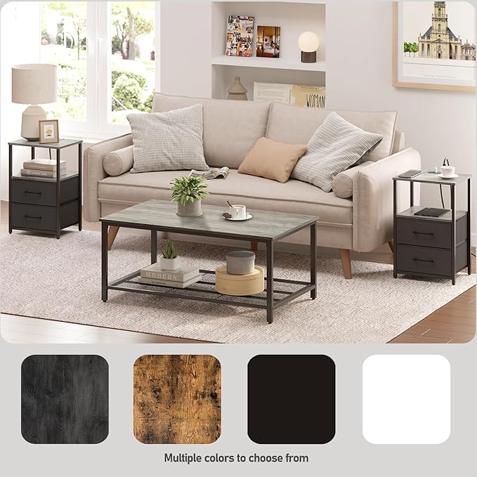 TUTOTAK End Table with Charging Station, Side Table with 2 USB Ports and Outlets, Nightstand with Cloth Drawer, Set of 2, Couch Table, Greige TB01BG052