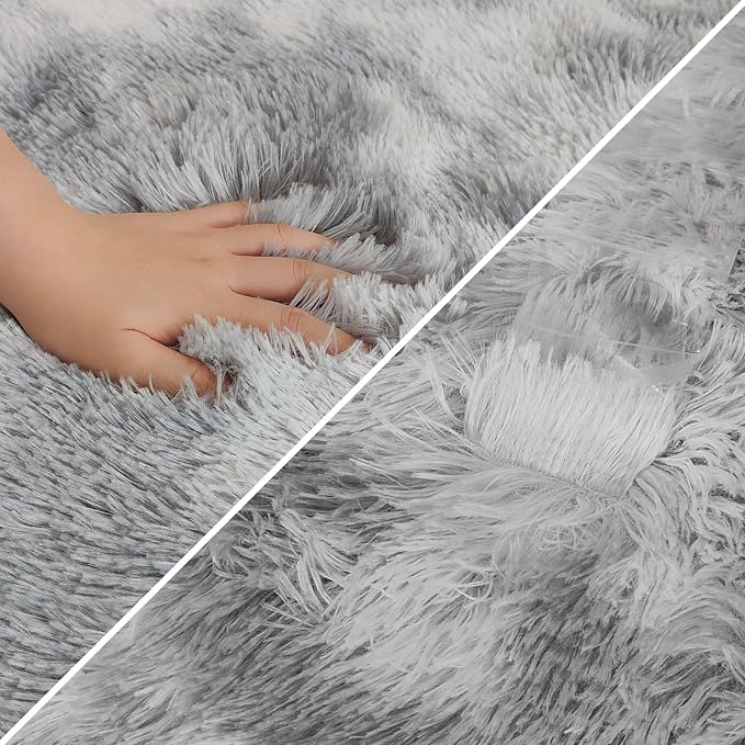 Super Soft Fluffy Living Room Area Rug 2x5 ft Tie-Dyed Light Grey Shaggy Furry - Image 6