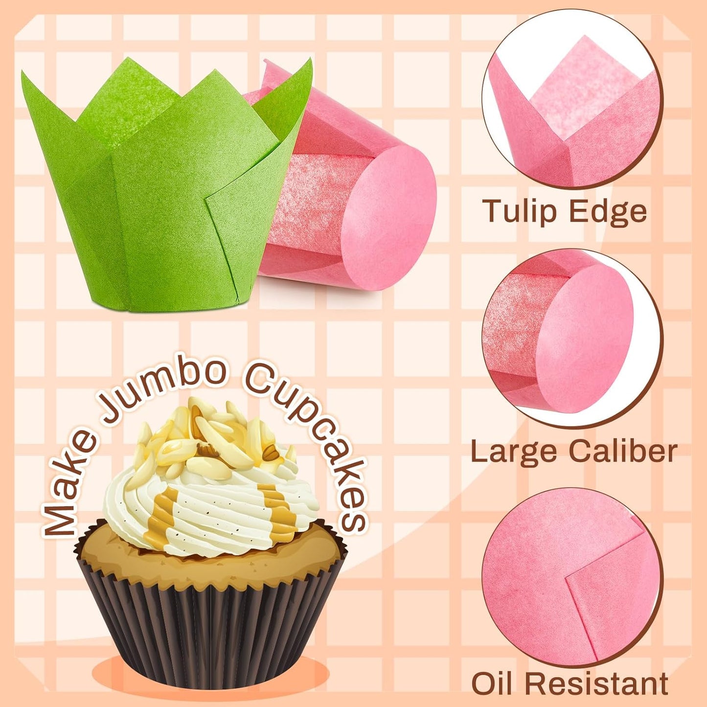 300 Pcs Jumbo Muffin Liners for Baking 2-1/4" x 4" Large Tulip Cupcake Liners Greaseproof Cupcake Wrapper Paper for Weddings Birthday Christmas Anniversaries Party (Green,Red,Yellow,Pink)