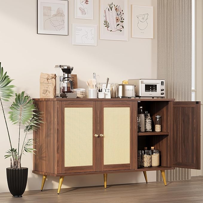 Shintenchi Large Rattan Storage Cabinet, Modern Sideboard Cabinet, Accent Large Storage Space Cabinet with Rattan Decorated Doors for Living Room, Dining Room, Brown