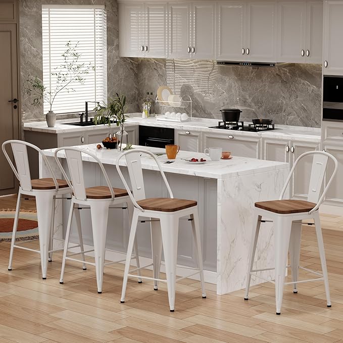 Changjie Furniture 30 Inches Metal Barstools Set of 4 Counter Height Bar Stools Industrial Stools with Backs High Back Chairs for Kitchen Island (30 Inch, White)