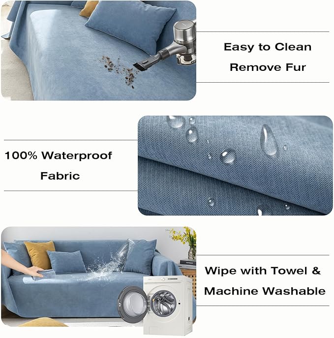STACYPIK 100% Waterproof Blue Couch Cover for Pets, Sectional L Shape Sofa Cover for 2 Cushion Couch, Anti-Cat Scratch Furniture Protector Cover, Anti Slip Sofa Throw Cover for Dogs Kids-71x90IN