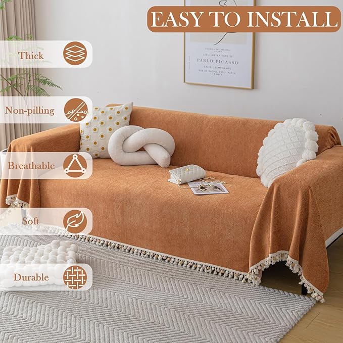 HANDONTIME Dark Orange Sofa Covers - Colorful Tassel Couch Cover for Dogs & Vintage Boho Couch, 91" X134"