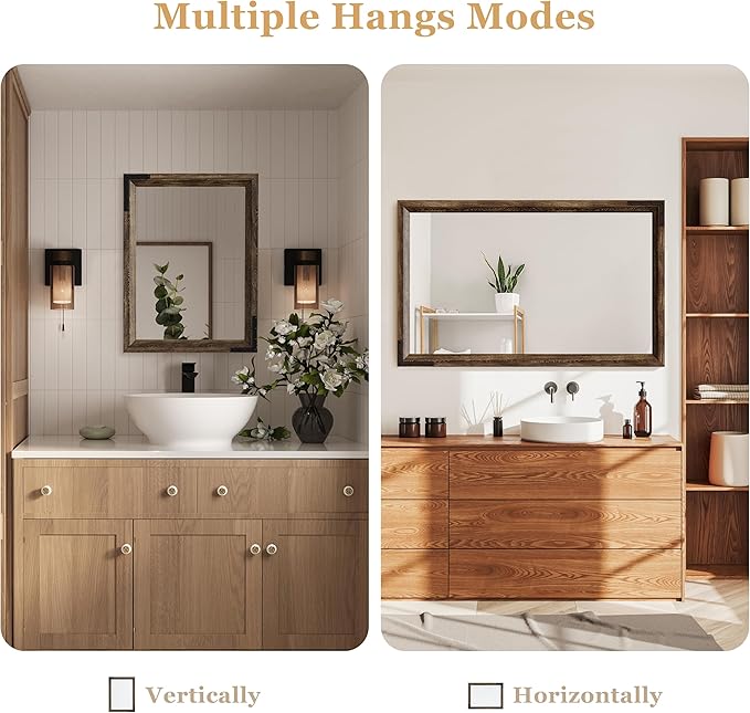 YOSHOOT Farmhouse Bathroom Mirror, Rustic Wooden Framed Mirror, Wood Vanity Mirror, Solid Wood & Handmade, Vertical or Horizontal Hanging for Bathroom Entryway Living Room Bedroom, 32" x 24", Brown