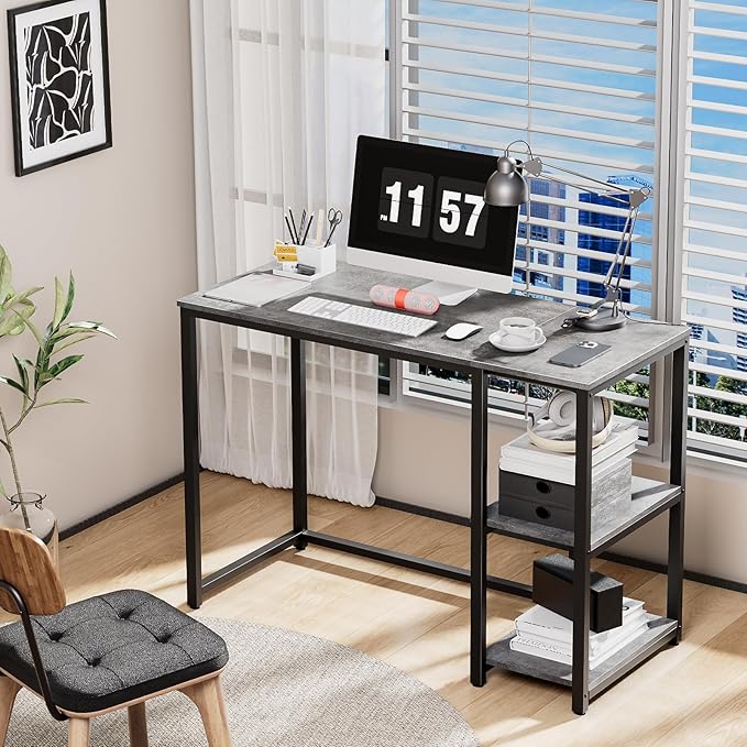 SINPAID Computer Desk 40 inches with 2-Tier Shelves Sturdy Grey Desks with Large Storage Space Modern Gaming Desk Study Writing Laptop Table, Gray
