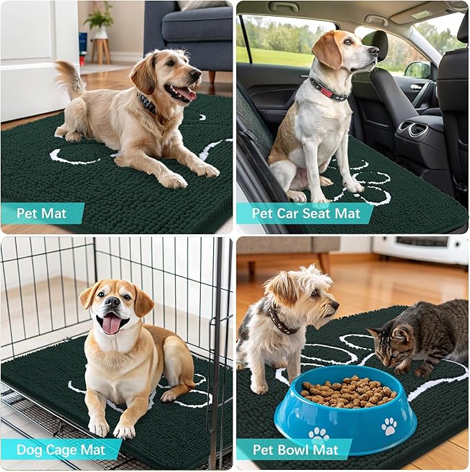 OLANLY Door Mat for Muddy Dog Paws 40x32, Absorbent Chenille Mud Doormat with Paw Print Design, Non-Slip Washable Doormat for Indoor Entryway, Quick-Dry Pet Bed Mats for Dirty Dogs, Blackish Green