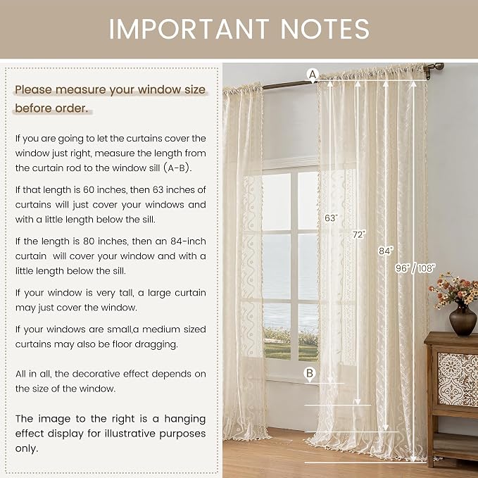 WAZZIO Boho Lace Curtains 2 Panels 96 Inches -Cute Vintage Victorian Sheer - Image 8