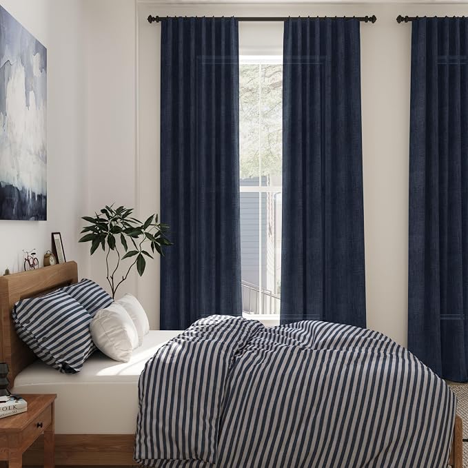 Navy Blue Linen Sheer Curtains 108 Inches Long Back Tab Rod Pocket 2 Panels - Image 7