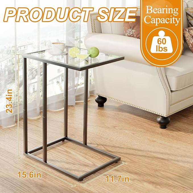C Shaped End Table Set of 2, Couch Side Tables for Living Room, Small Glass End Table with Metal Frame, Modern Snack Table for Bedroom, Small Space, Easy Assembly, Black, 23.62 x 15.75 x 11.81