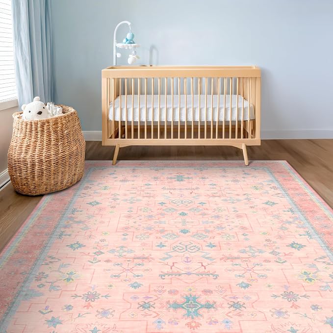 Washable Pink and Blue 6x9 Oushak Rugs - Image 3