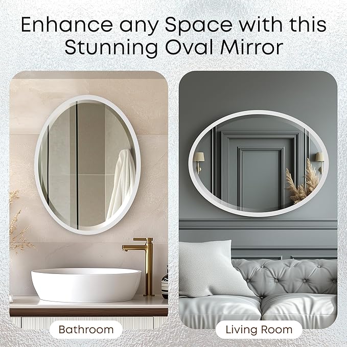 OVALCREST - Oval Wooden Beveled Wall Mirror for Home Decor, Bathroom, Vanity, Bedroom, Living Room, Hallway - London Style (Linen White) 19.1 x 25.1