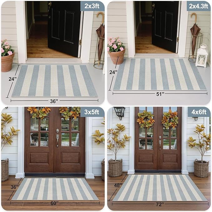 OJIA Front Door Mats Outdoor 24"x36" Machine Washable Indoor Outdoor Rugs Doormat Cotton Woven Entry Rug Striped Small Area Rugs for Front Porch/Bathroom/Farmhouse/Home Entrance (Blue/White/Tan)