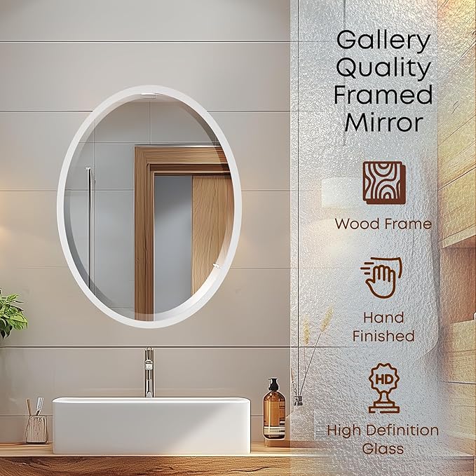 OVALCREST - Oval Wooden Beveled Wall Mirror for Home Decor, Bathroom, Vanity, Bedroom, Living Room, Hallway - London Style (Linen White) 25.1 x 31.1
