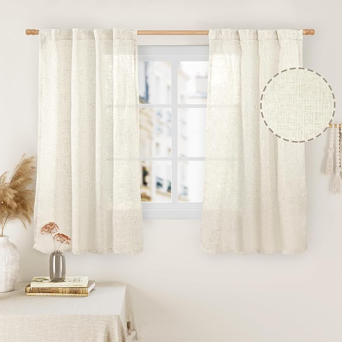 LAMIT 54 Inch Short Window Linen Curtains, Cream Ivory Light Filtering Panels by LAMIT
