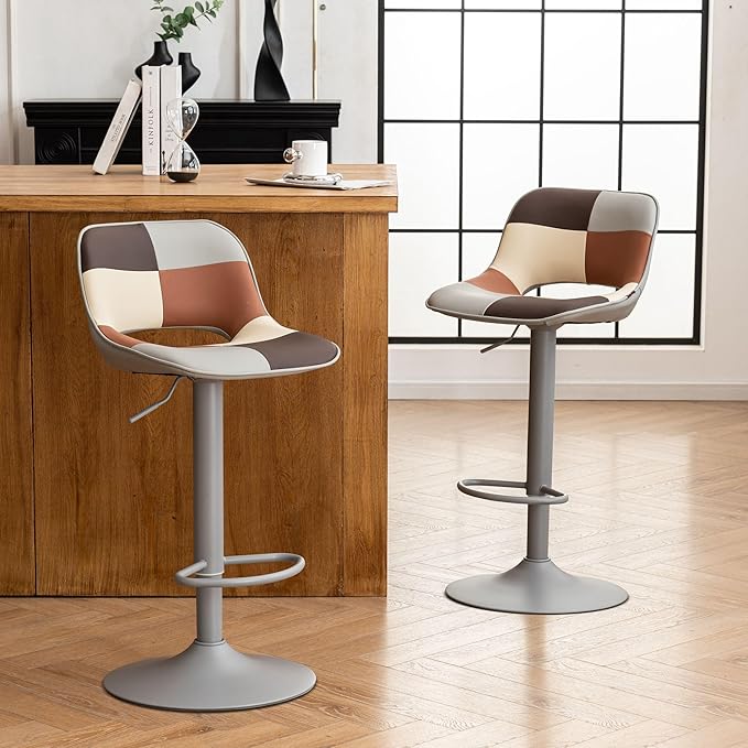 YOUNIKE Bar Stools Set of 2, Boho Colorful Patchwork Faux Leather Barstools, Adjustable Swivel Counter Height Bar Stool Upholstered Counter Stools with Hollow Back for Kitchen Island, GreyBeige