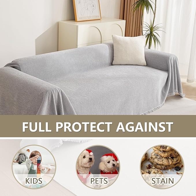 MYSKY HOME Light Gery Chenille Sofa Cover for Dogs Cats Tassel Edge Couch Cover Furniture Protectors for Pets Universal Couch Cover Thick Durable Sectional Couch Covers for 3 Cushion Couch, 71"x 134"