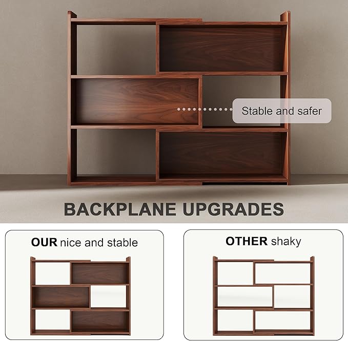 Open Shelf Low Bookcase,Wooden 4-Tier Floor Standing Expandable 25-47 inch Wide Bookcase,with Side Panels Frame for Home and Office (Walnut)