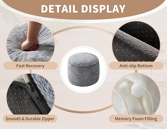 Boho Ottoman Living Room Furniture 26"x18" Large Round Ottomans Pouf Couch Foot Rest Grey Pouf Ottoman Foot Rest with Foam Chunk Filling Pouffe Ottomans Stuffed Foot Rest Poufs for Couch