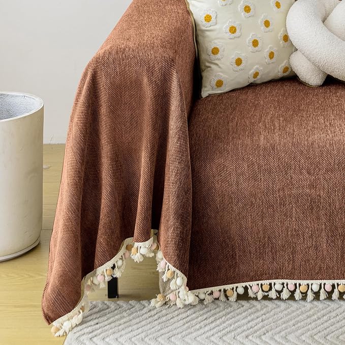 HANDONTIME Boho Style Sofa Cover with Tassels, Washable & Non-Slip Couch Cover for 3 Cushion Sofa, Herringbone Pattern Pet-Friendly Sofa Slipcover, Chocolate Color, 91"x118", Living Room Decor