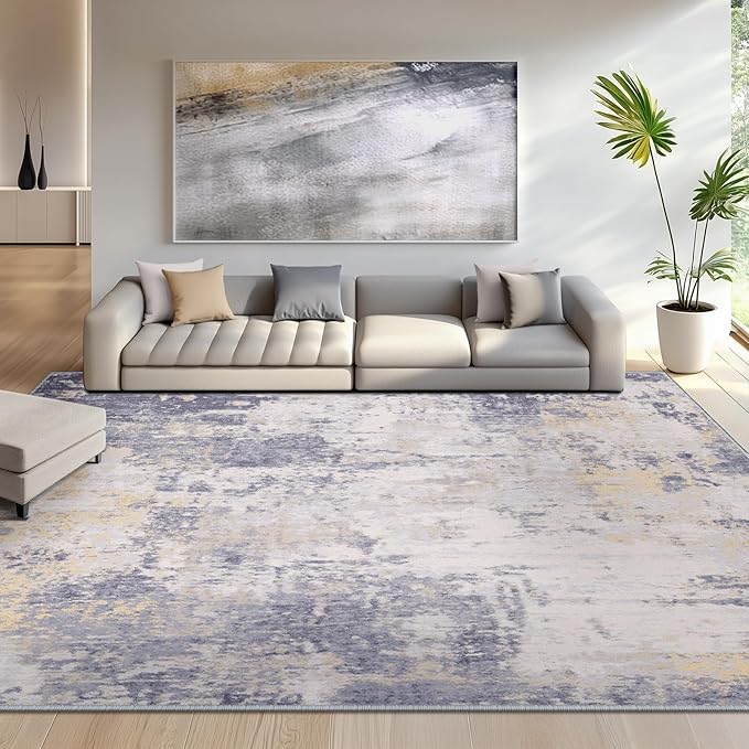 Washable Area Rugs 8'x10' Non-Slip Modern Abstract Soft for Living Room Entryway Bedroom Nursery, Print Pattern, Purple Grey Cream Yellow