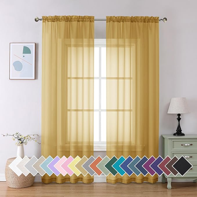 Aiyufeng Gold Sheer Curtain 84 Inches Long 2 Panels Set, Light Filtering Gold by Aiyufeng