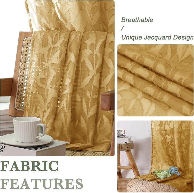 Lecloud Leia Dark Gold Sheer Curtains 96 Inches Long 2 Panels, Jacquard Leaf - Image 3