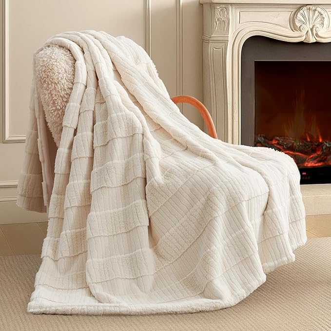 Amélie Home Luxury Striped Faux Fur Throw Blanket for Couch, Embossed Split Fur Cozy Fuzzy Fluffy Luxurious Soft Plush Sofa Chair Bed Gift Blankets for Women Men Wife Friend, 88"x90", Ivory