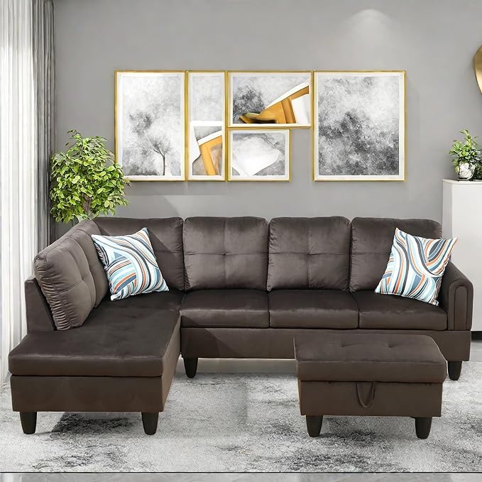 Convertible Sectional Couch, Large L Shaped Couch with Storage, Modern Modular 5-Seat Sectional Sofa with Ottomans for Living Room and Office, Dark Brown