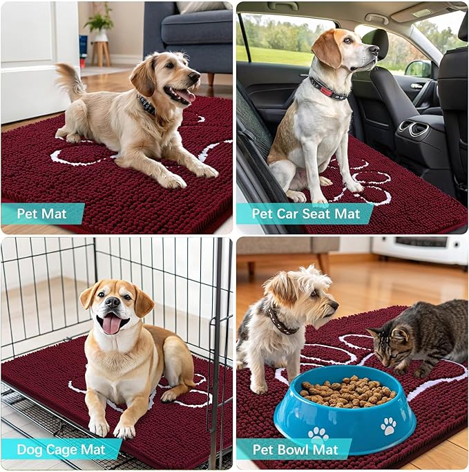OLANLY Door Mat for Muddy Dog Paws 40x32, Ultra Absorbent Chenille Mud Doormat with Paw Print Design, Non-Slip Washable Doormat for Indoor Entryway, Quick-Dry Pet Bed Mats for Dirty Dogs, Burgundy