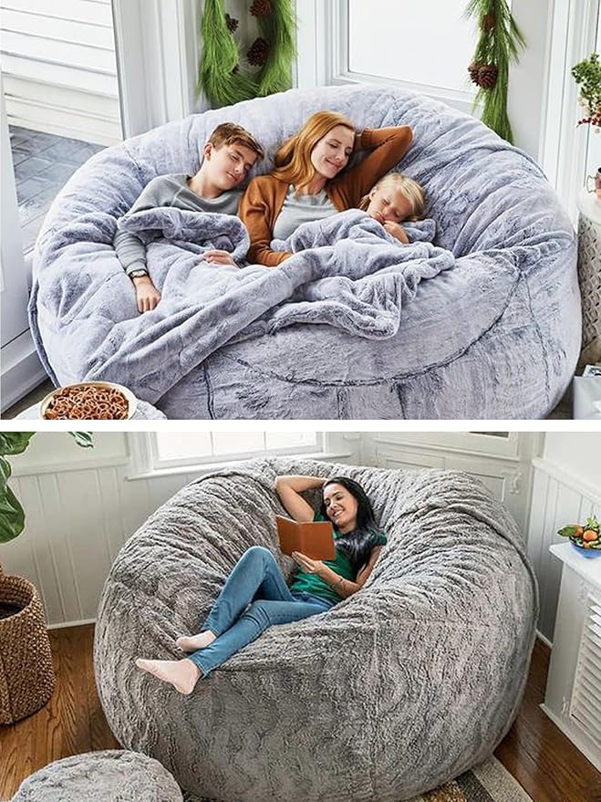 Bean Bag Chair for Adults Kids Without Filling Comfy Fluffy Giant Round Beanbag Lazy Sofa Cover for Reading Chair Floor Chair, 6FT, Dark Grey