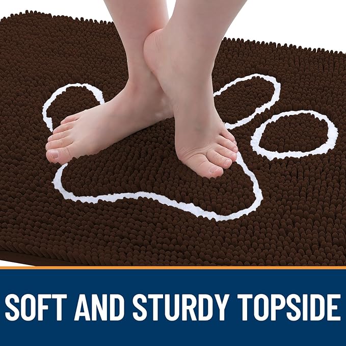 OLANLY Door Mat for Muddy Dog Paws 48x30, Ultra Absorbent Chenille Mud Doormat with Paw Print Design, Non-Slip Washable Doormat for Indoor Entryway, Quick-Dry Pet Bed Mats for Dirty Dogs, Brown