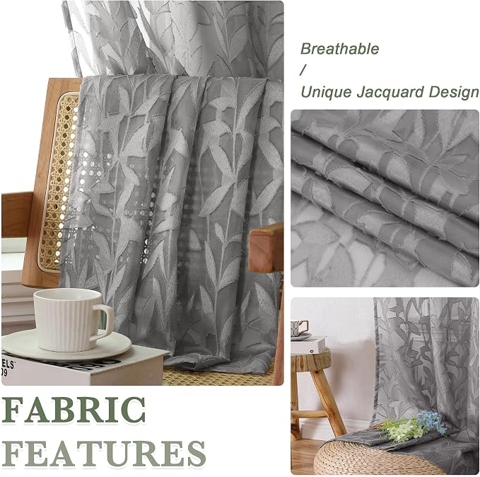 Lecloud Leia Charcoal Grey Sheer Curtains 84 Inches Long 2 Panels, Airy Leaf - Image 8