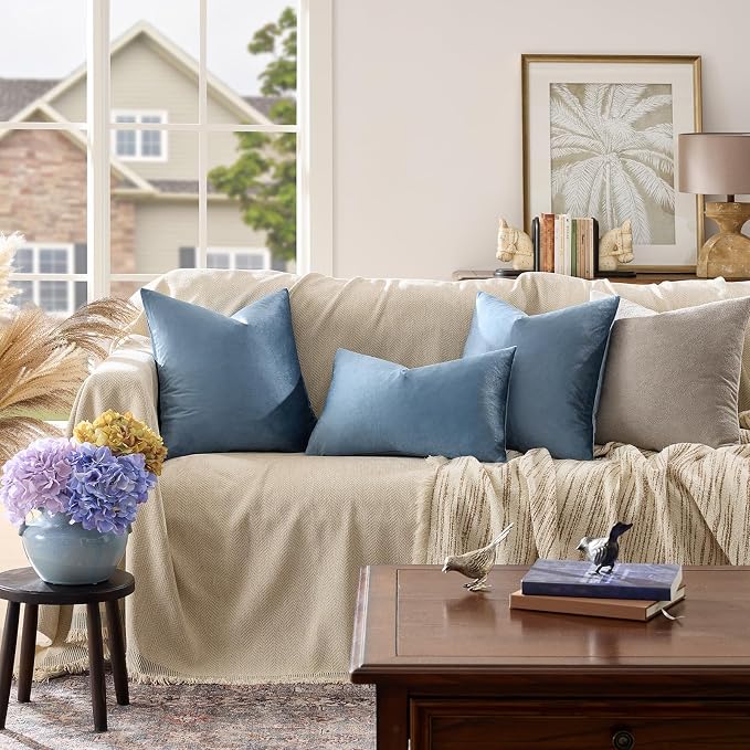 GIGIZAZA Stone Blue 12x20 Velvet Decorative Lumbar Throw Pillow Covers - Image 2